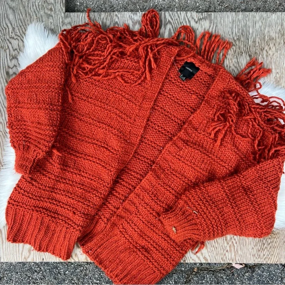 Forever 21 Burnt Orange Chunky Knit Fringe Oversized Cardigan